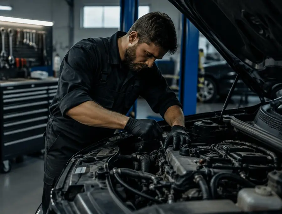 Mécanicien réparant le moteur d'une voiture en atelier